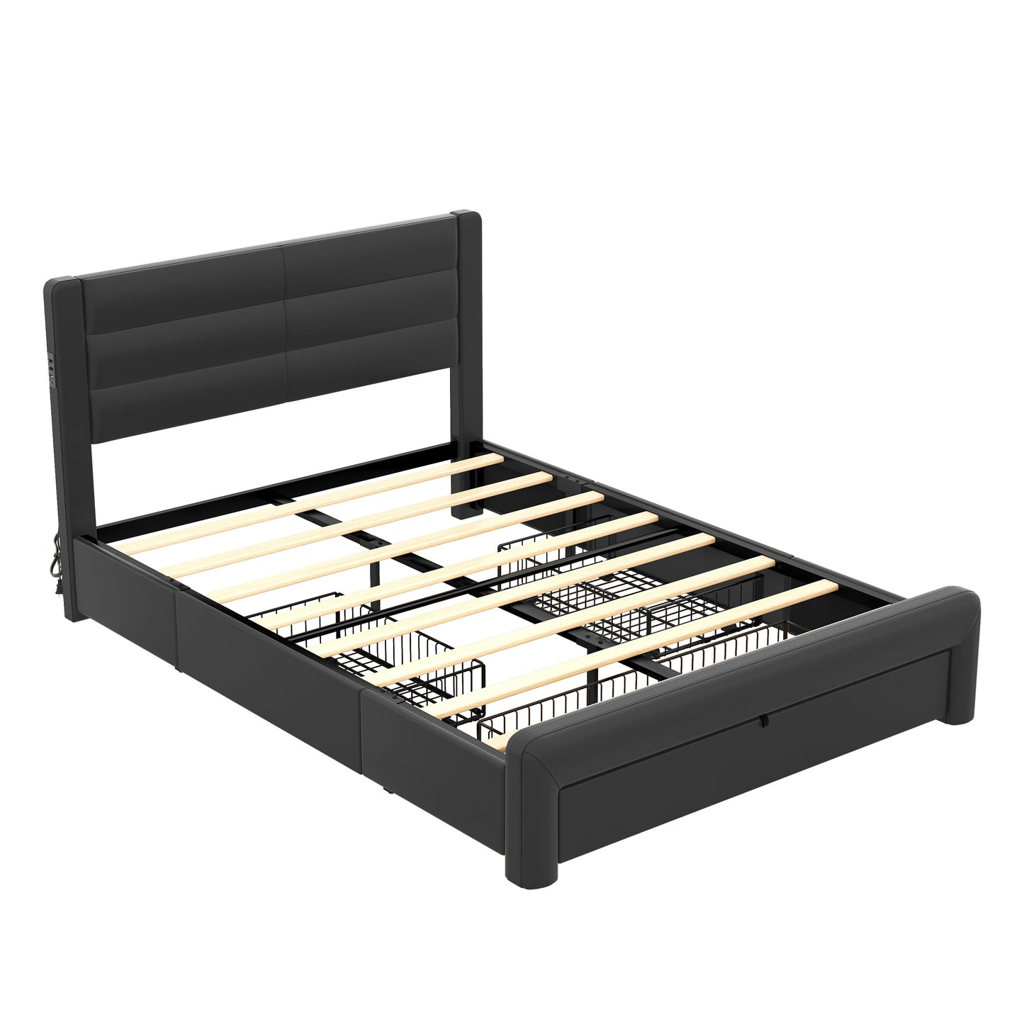 Queen Size Leather Upholstered Bed Frame with Storage Drawers and Charging Station, Black
