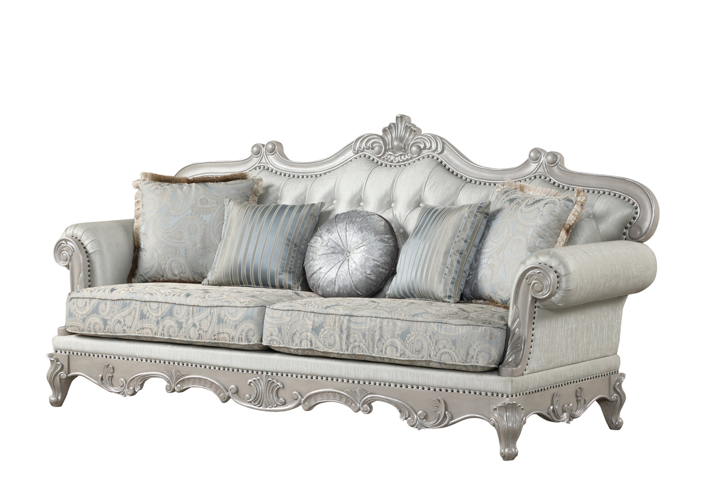 Tuscan Traditional Silver Velvet Sofa – 3-Seater with Tufted Back, Ornate Wood Frame & Classic Design