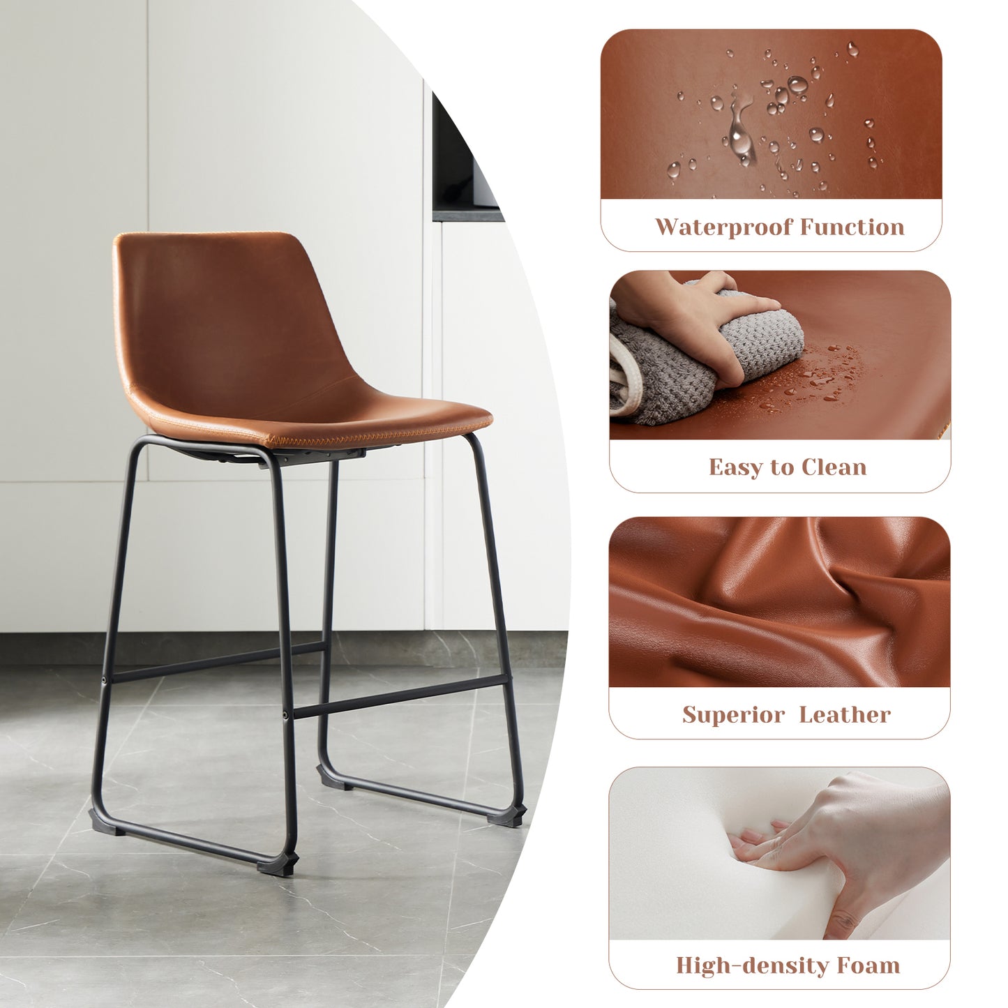 26" Counter Height Bar Stools Set of 2 Leather Barstool with Back and Metal Leg Modern Bar Stools for Kitchen Island Pub Living Room