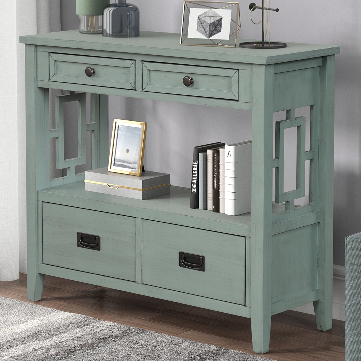 Rustic Green Pine Console Table – 4 Drawer Storage - 36''