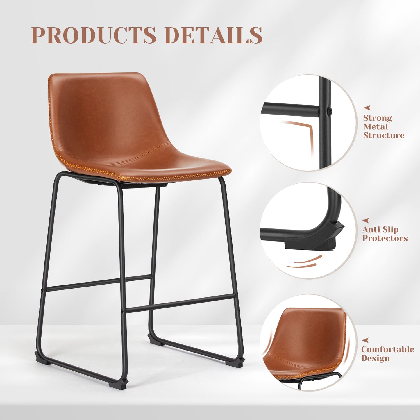 26" Counter Height Bar Stools Set of 2 Leather Barstool with Back and Metal Leg Modern Bar Stools for Kitchen Island Pub Living Room