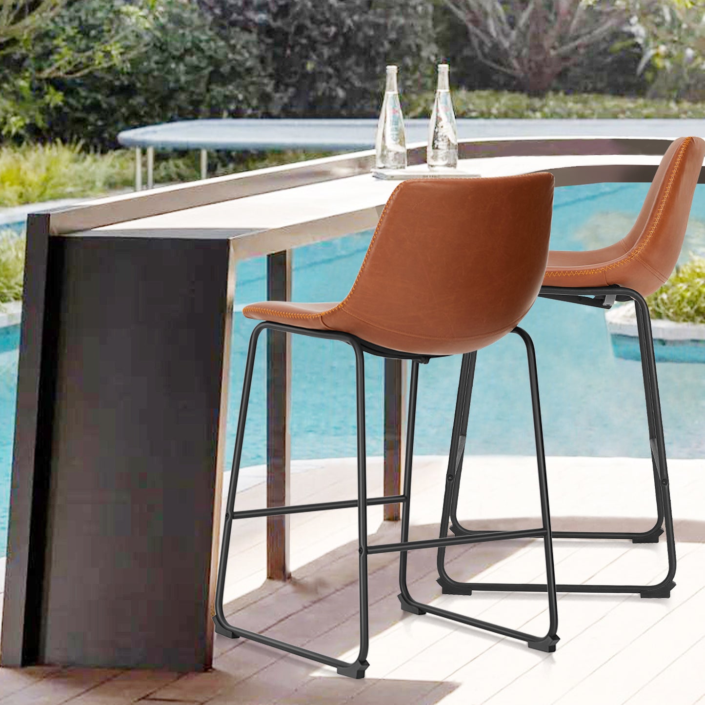 26" Counter Height Bar Stools Set of 2 Leather Barstool with Back and Metal Leg Modern Bar Stools for Kitchen Island Pub Living Room