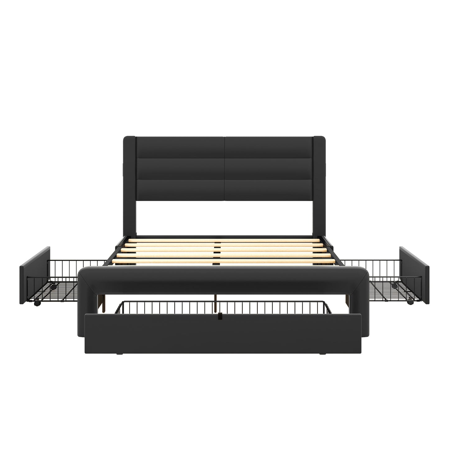 Queen Size Leather Upholstered Bed Frame with Storage Drawers and Charging Station, Black