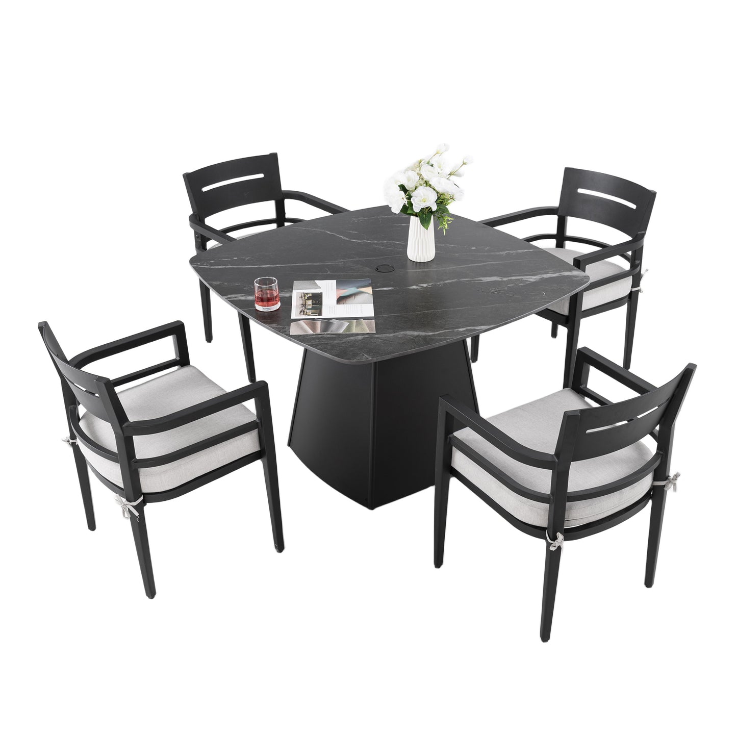 5-Piece Outdoor Pedestal Dining Set with 44" Rounded Square Sintered Stone Table and 4 Armchairs – Sunbrella Cushions, Rust-Free Aluminum Frame, Weather-Resistant, Modern Black Finish