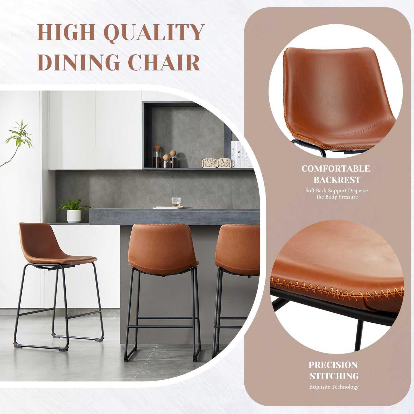 26" Counter Height Bar Stools Set of 2 Leather Barstool with Back and Metal Leg Modern Bar Stools for Kitchen Island Pub Living Room