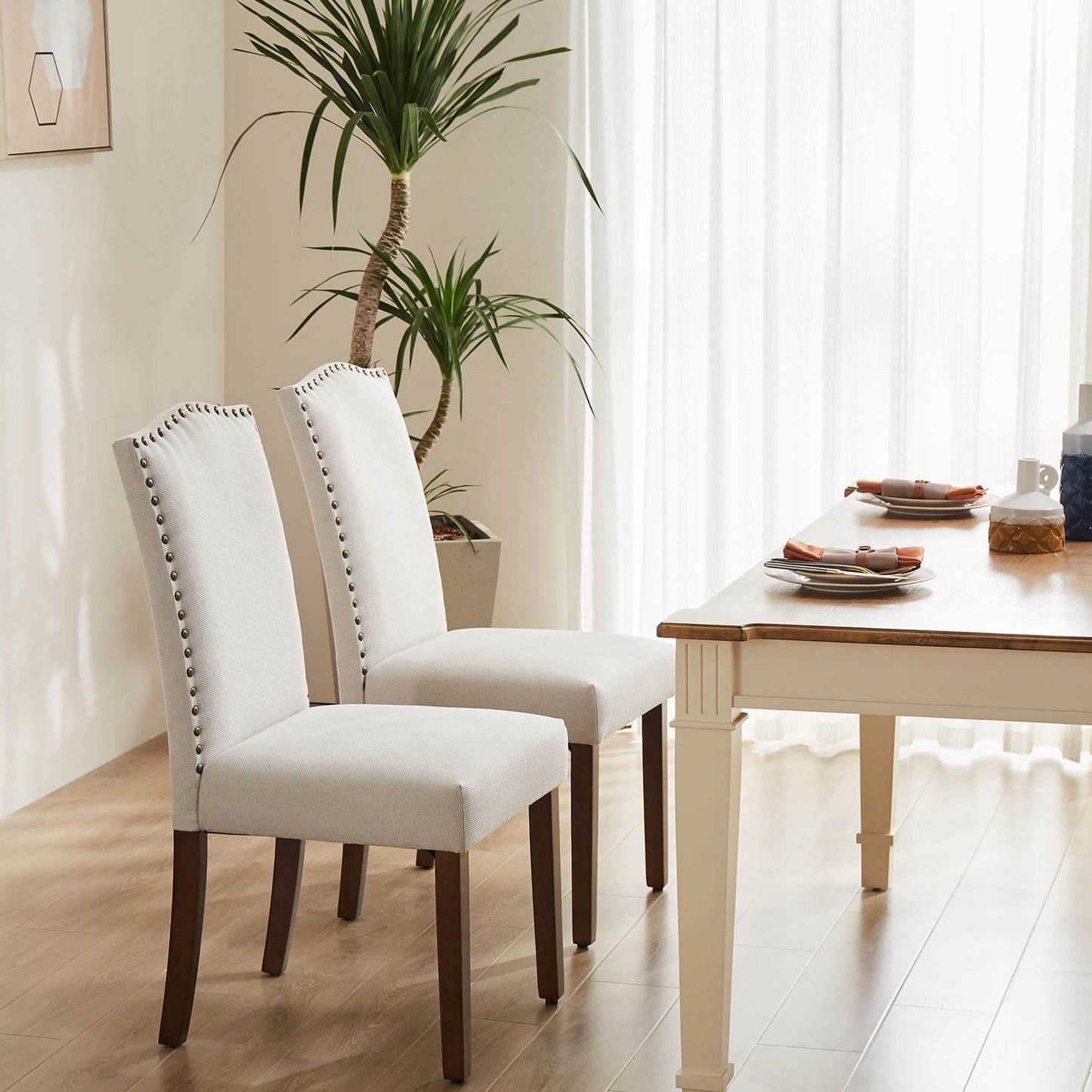 Modern Armless Dining Chairs With Upholstered Fabric, Beige, 2-Piece