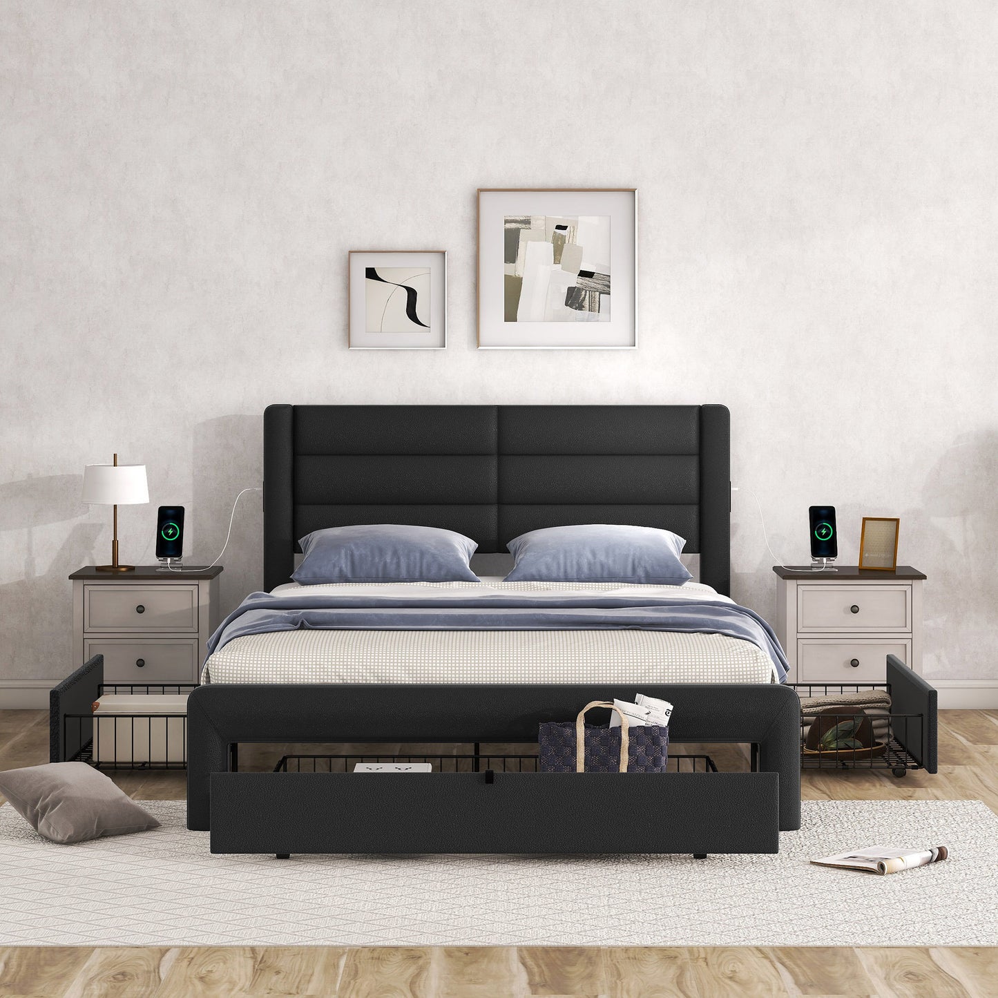 Queen Size Leather Upholstered Bed Frame with Storage Drawers and Charging Station, Black