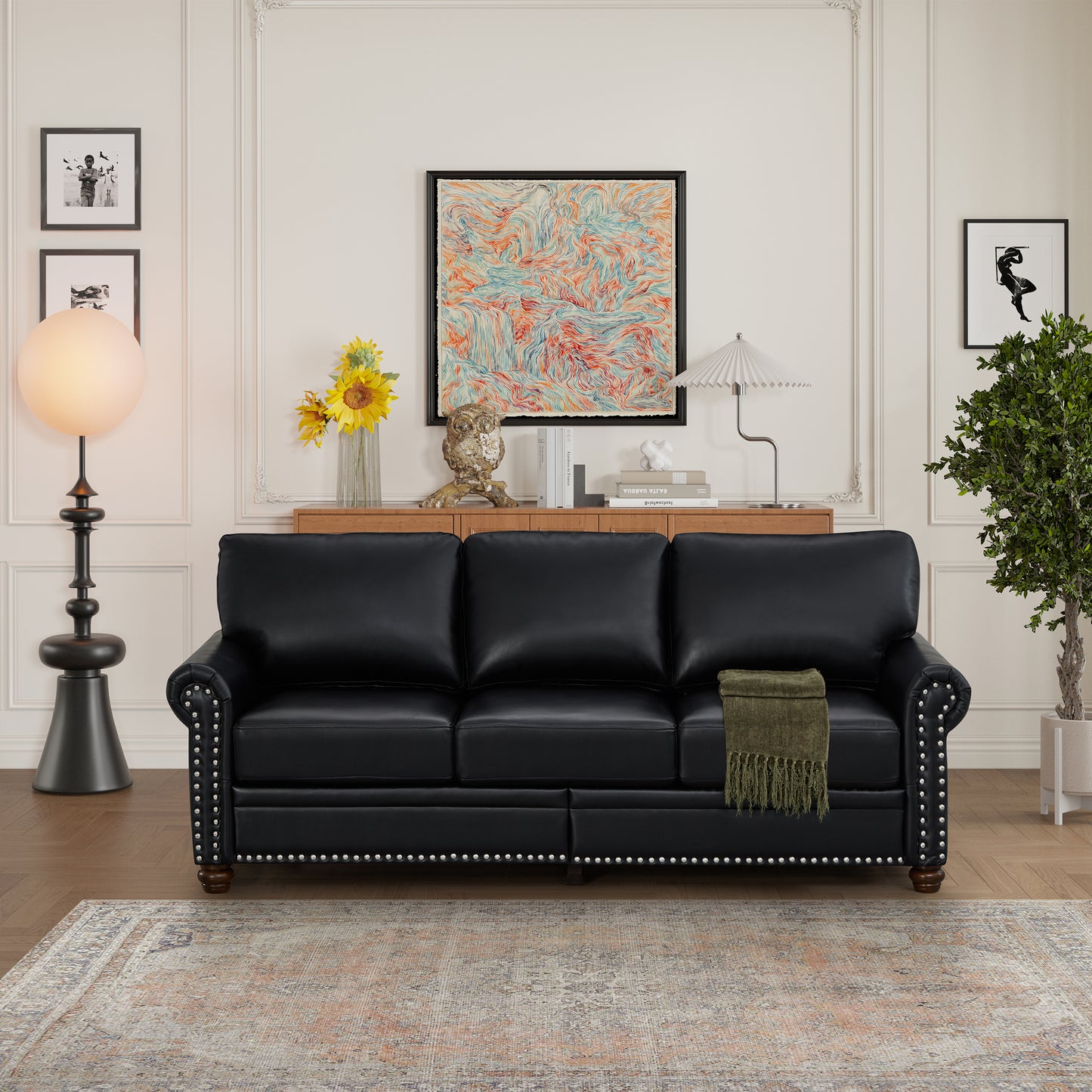 Classic Black Faux Leather Nailhead Sofa with Storage – 3-Seater Couch with Round Arms, Silver Trim, and Solid Wood Frame