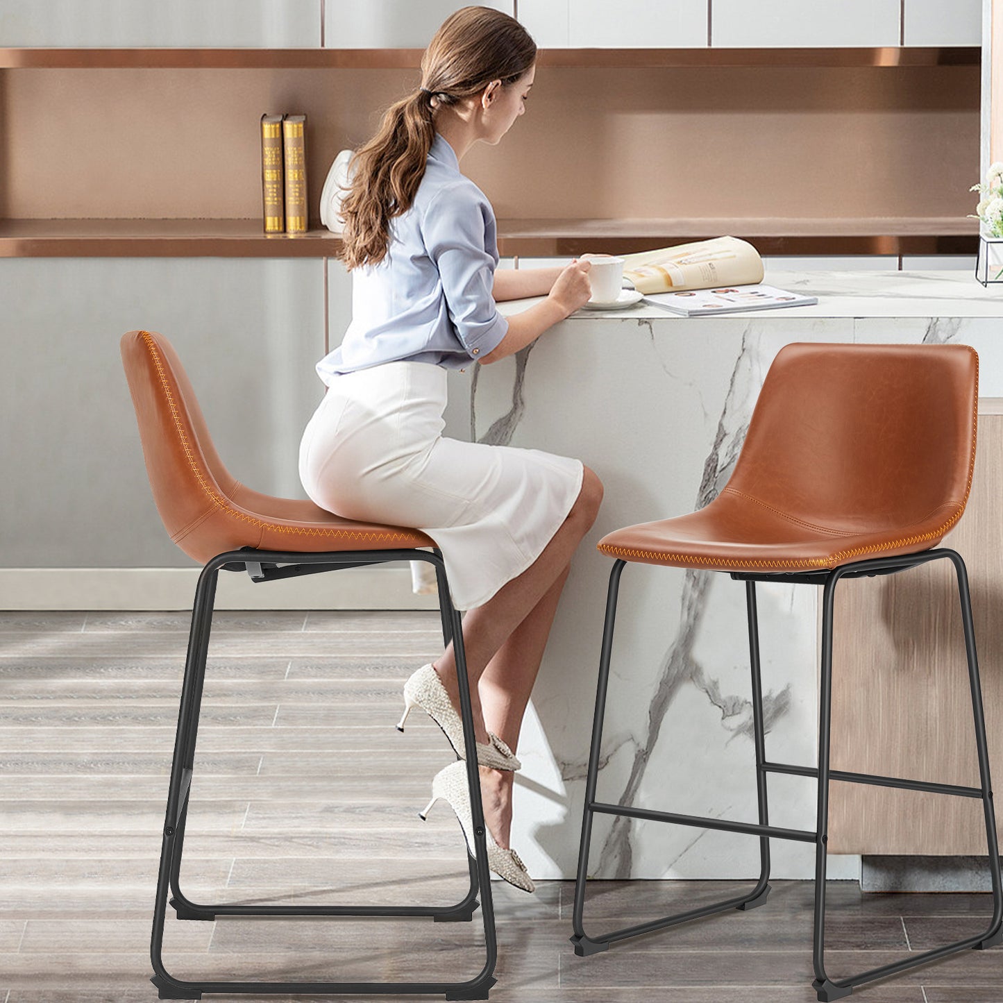 26" Counter Height Bar Stools Set of 2 Leather Barstool with Back and Metal Leg Modern Bar Stools for Kitchen Island Pub Living Room