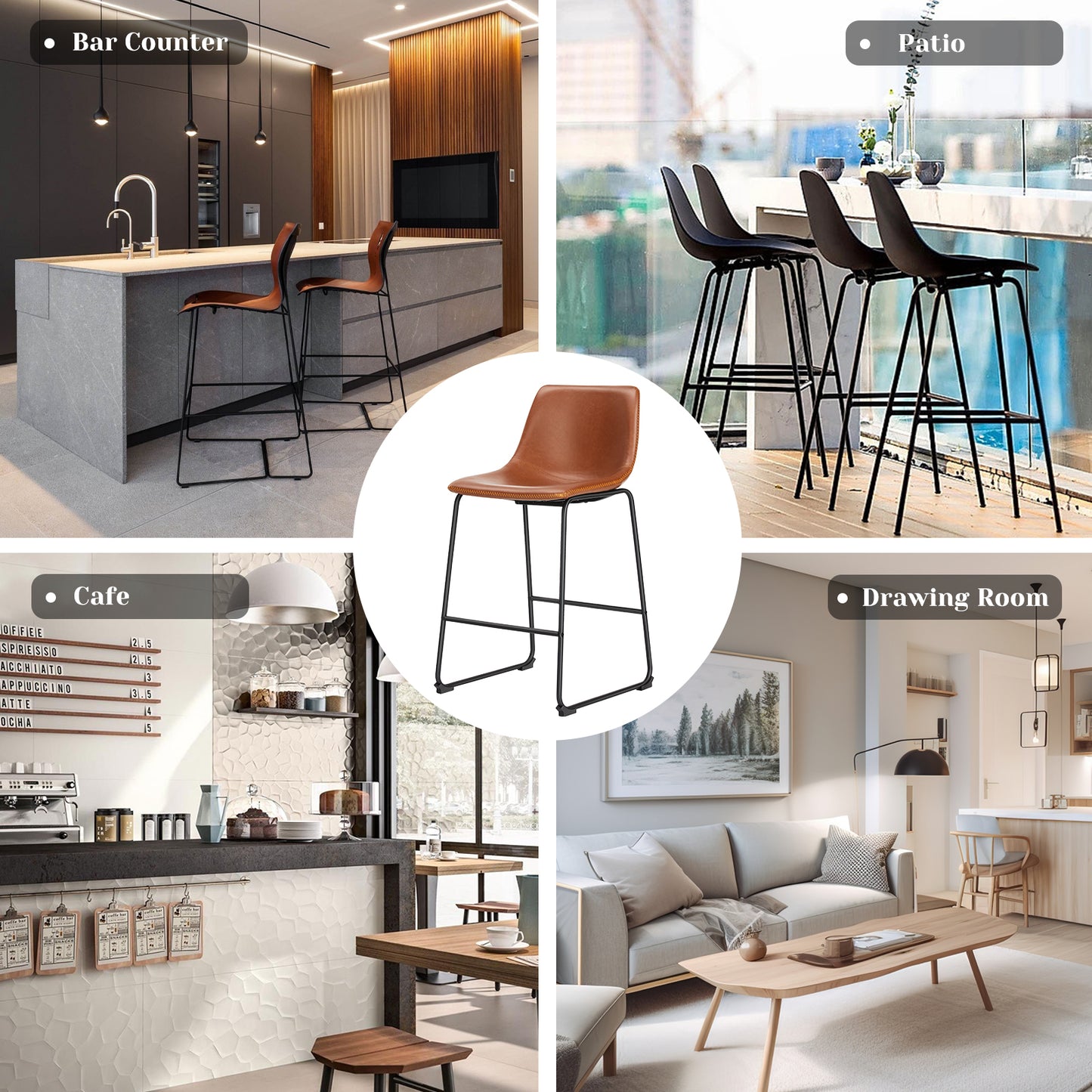 26" Counter Height Bar Stools Set of 2 Leather Barstool with Back and Metal Leg Modern Bar Stools for Kitchen Island Pub Living Room