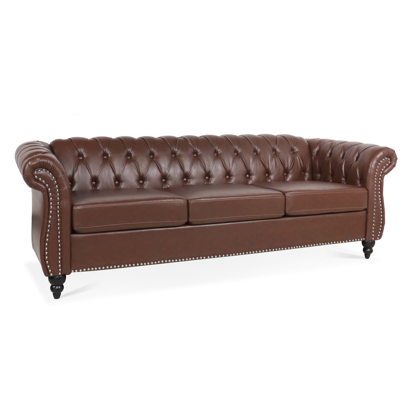 Dark Brown, Vegan Leather, Curved Arm, Chesterfield Inspired, Three Seat Sofa.