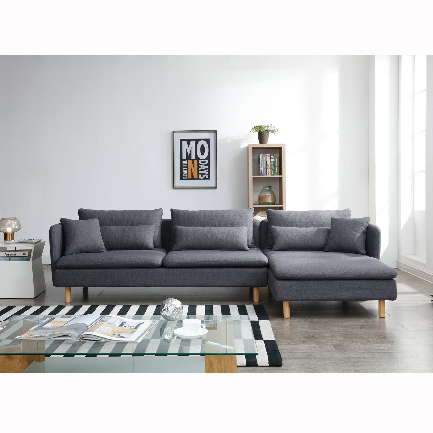 Gray Modern Convertible L-Shape Convertible Sectional Chaise Sofa with Removable Cushions and Wood Legs