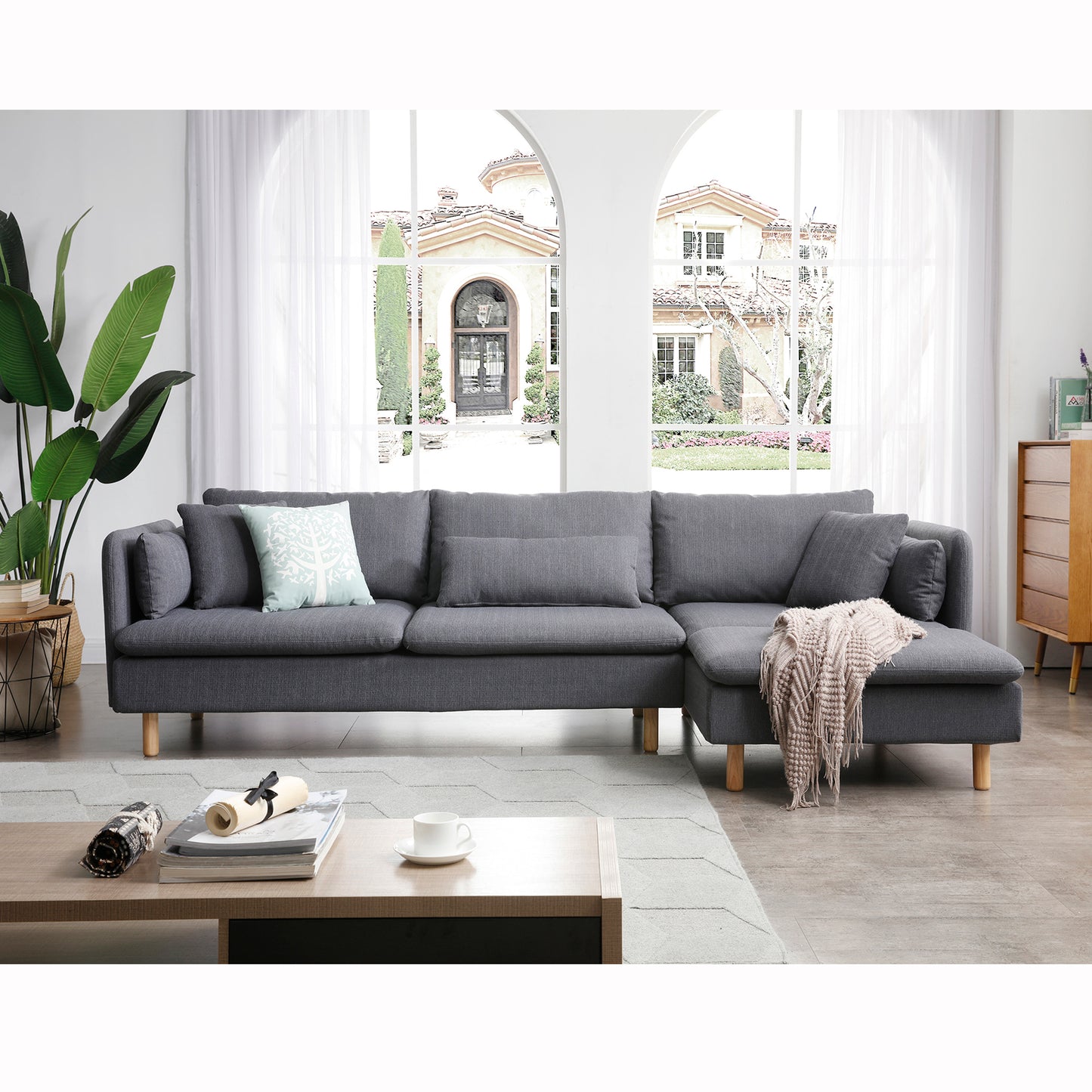 Gray Modern Convertible L-Shape Convertible Sectional Chaise Sofa with Removable Cushions and Wood Legs