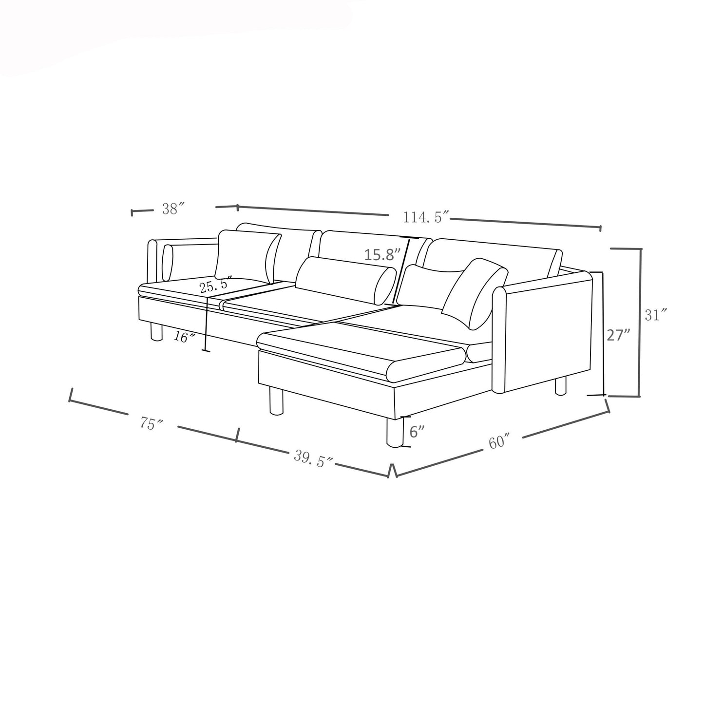 Gray Modern Convertible L-Shape Convertible Sectional Chaise Sofa with Removable Cushions and Wood Legs