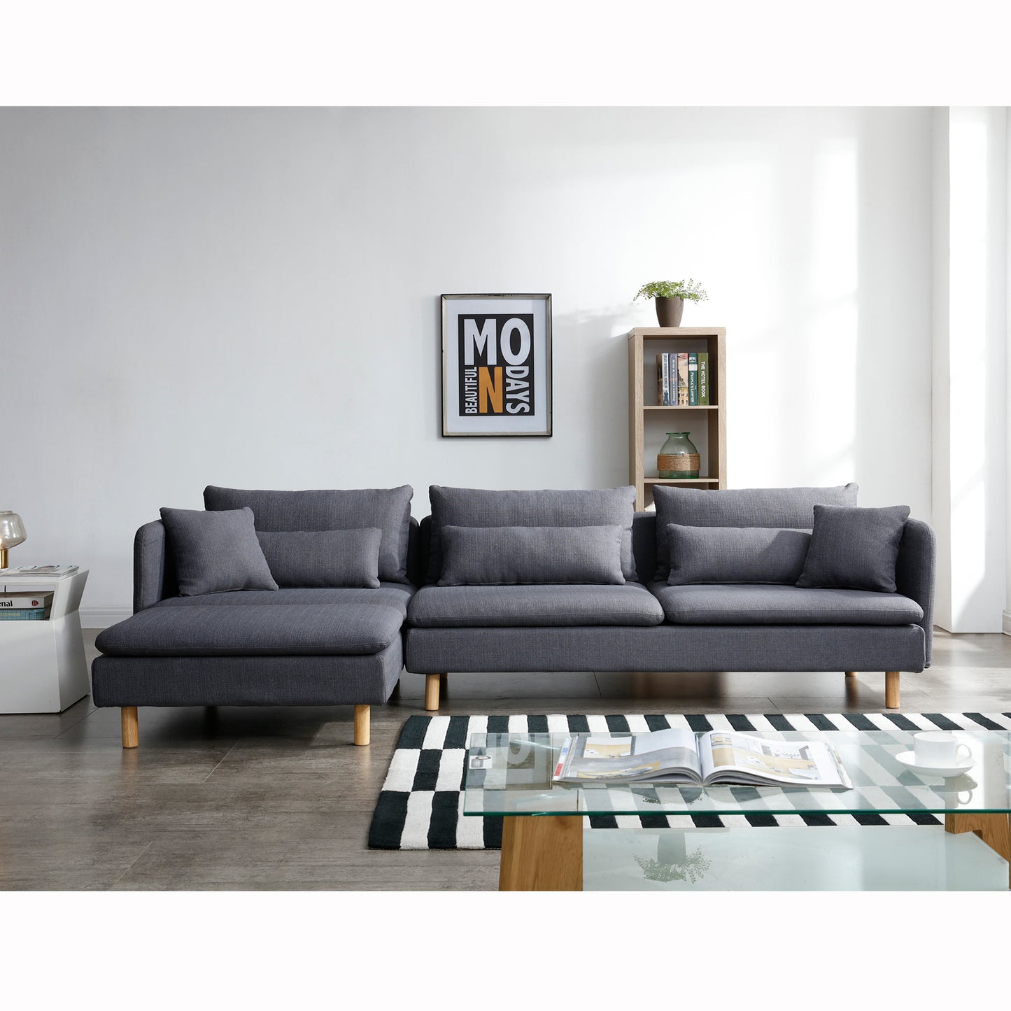 Gray Modern Convertible L-Shape Convertible Sectional Chaise Sofa with Removable Cushions and Wood Legs