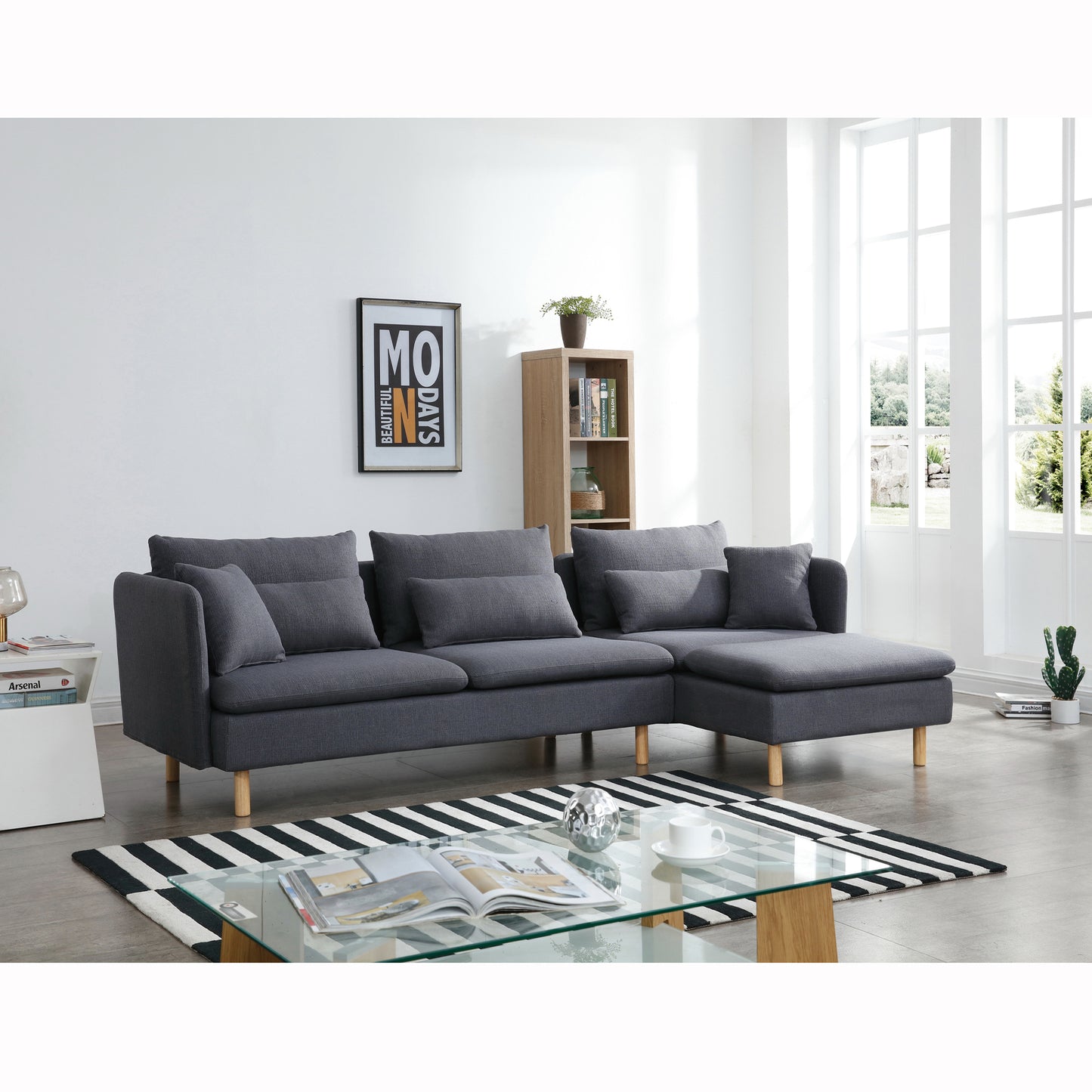 Gray Modern Convertible L-Shape Convertible Sectional Chaise Sofa with Removable Cushions and Wood Legs