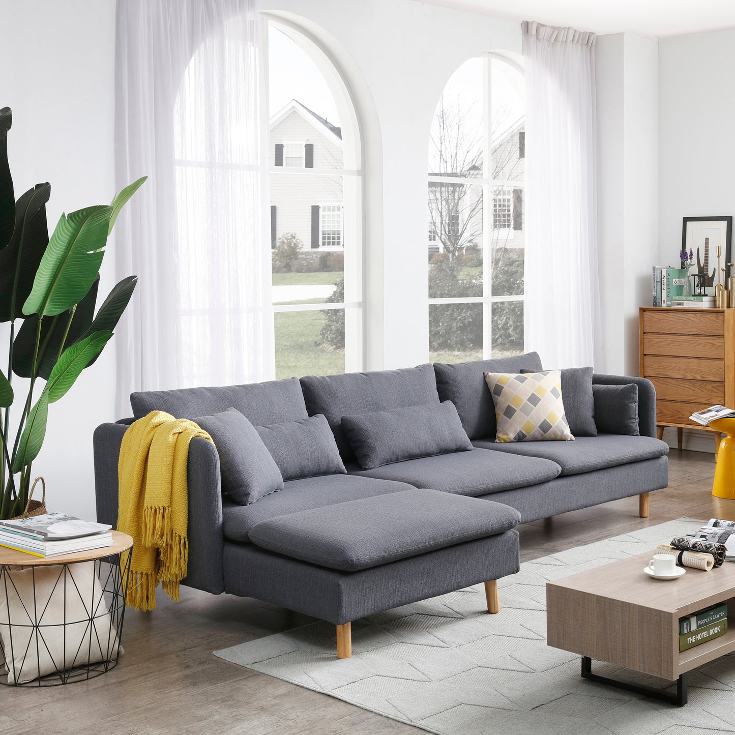 Gray Modern Convertible L-Shape Convertible Sectional Chaise Sofa with Removable Cushions and Wood Legs