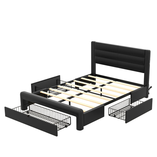 Queen Size Leather Upholstered Bed Frame with Storage Drawers and Charging Station, Black