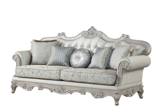 Tuscan Traditional Silver Velvet Sofa – 3-Seater with Tufted Back, Ornate Wood Frame & Classic Design