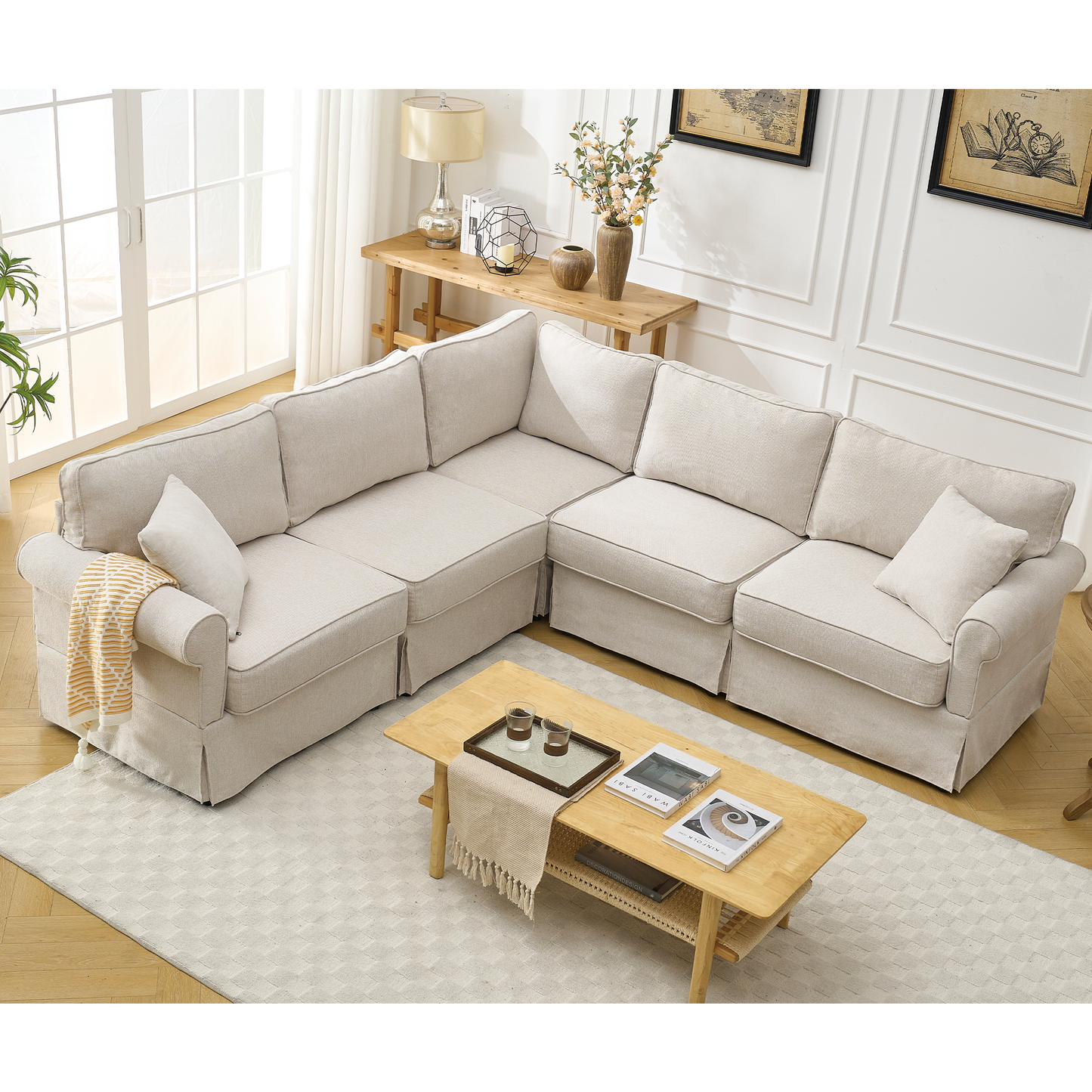 [NEW ARRIVED] [VIDEO PROVIDED] Modular Sectional Sofa Set – Convertible L-Shaped 5-Seat Couch, Reversible Corner Design, Rolled Arms, Soft Beige Linen Upholstery