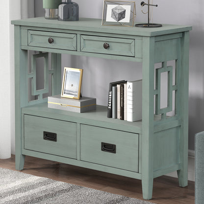 Rustic Green Pine Console Table – 4 Drawer Storage - 36''