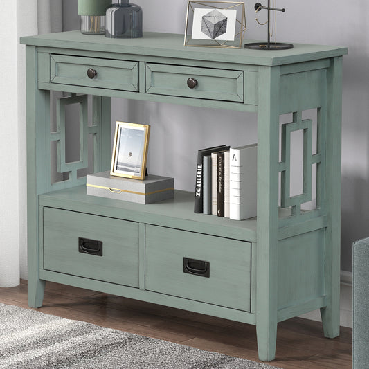 Rustic Green Pine Console Table – 4 Drawer Storage - 36''