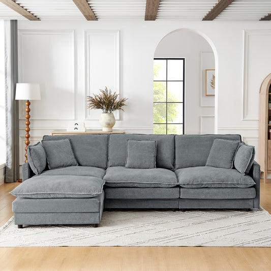 Modern 4-Seater L-Shaped Sectional Sofa with Storage Ottoman – Grey Towel Fabric, Cushion Back, Oversized Convertible Couch