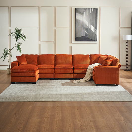 Orange, Modern U-Shaped 6-Seat Corduroy Sectional Sofa with Ottoman and 3 Toss Pillows