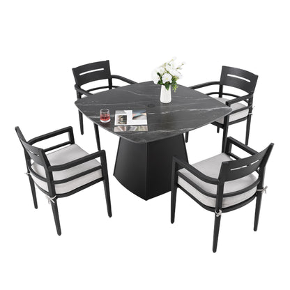5-Piece Outdoor Pedestal Dining Set with 44" Rounded Square Sintered Stone Table and 4 Armchairs – Sunbrella Cushions, Rust-Free Aluminum Frame, Weather-Resistant, Modern Black Finish