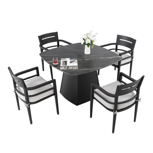 5-Piece Outdoor Pedestal Dining Set with 44" Rounded Square Sintered Stone Table and 4 Armchairs – Sunbrella Cushions, Rust-Free Aluminum Frame, Weather-Resistant, Modern Black Finish