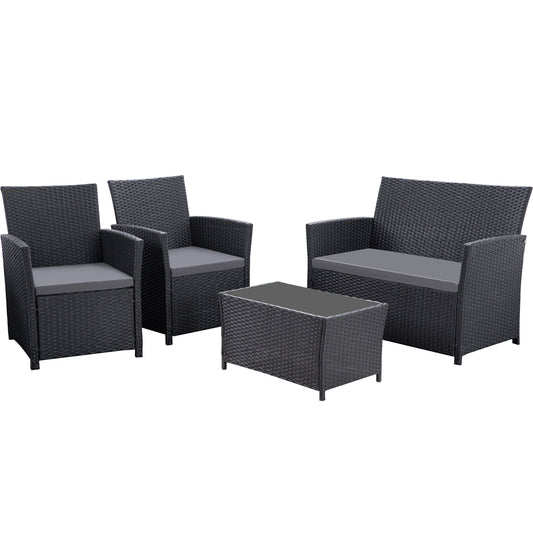 4-Piece Black PE Wicker Outdoor Patio Set – Sectional Sofa with Washable Cushions