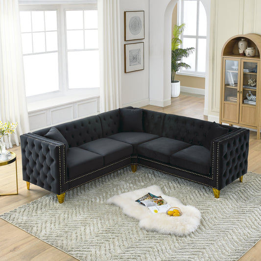 Elegant 82.2" black velvet Chesterfield-style L-shaped sectional with nailhead trim, tufted details, and plush foam seating—ideal for 5-person lounging in living rooms, bedrooms, or professional spaces.