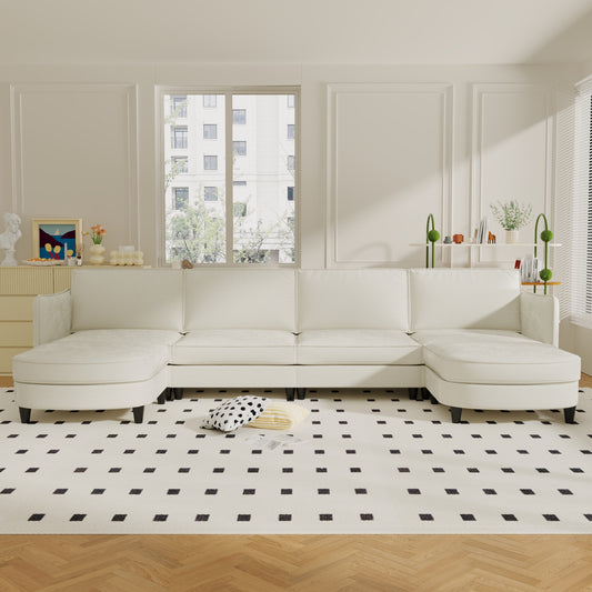 Oversized 141.5'' U-shaped 6-seater modular sofa in beige fabric with movable ottoman and storage arm pockets—designed for modern living rooms, offices, and apartments.