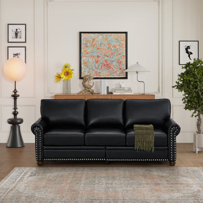Classic Black Faux Leather Nailhead Sofa with Storage – 3-Seater Couch with Round Arms, Silver Trim, and Solid Wood Frame