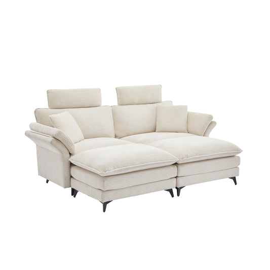 Modern Beige Corduroy Sectional Sofa with Ottomans and Removable Headrests