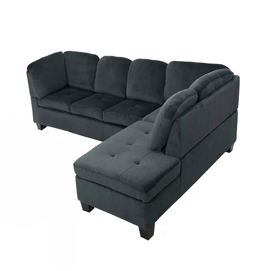 Modern Charcoal L-Shaped Sectional Sofa with Tufted Back – 6-Seater Fabric Couch for Living Room or Apartment