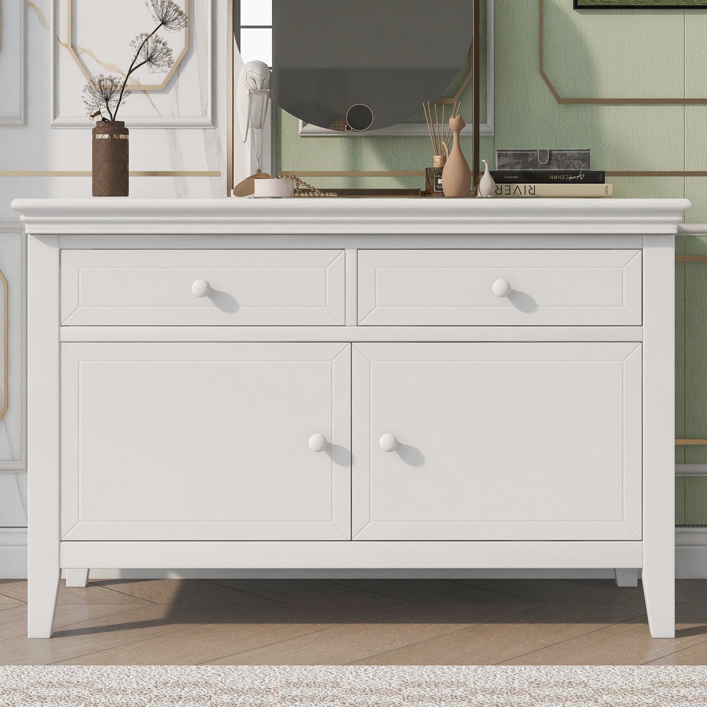 6 Pieces Traditional Style White Queen Bedroom Set With 2 Nightstands, Tall Dresser, and Wide Dresser/Cabinet/Chest with a Mirror