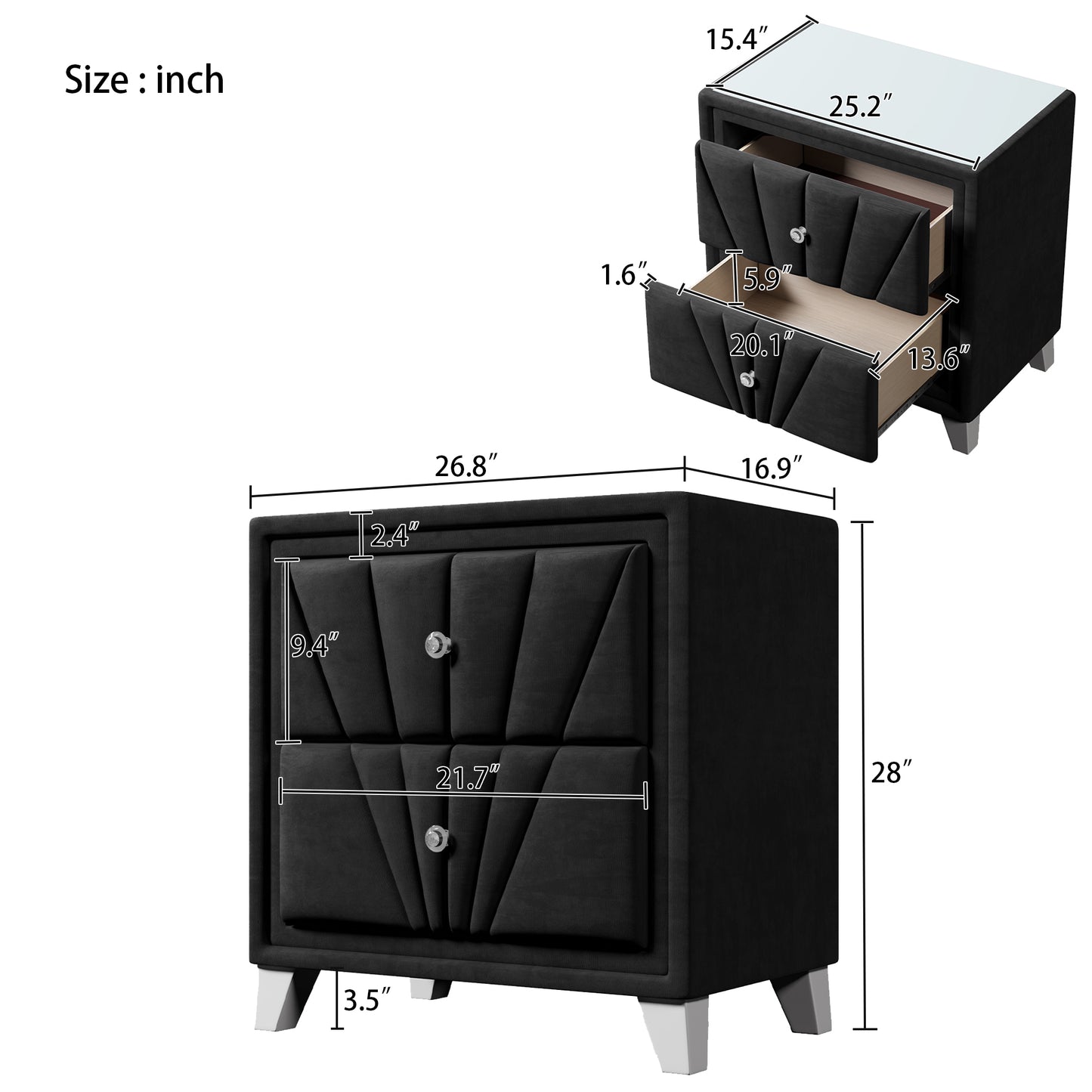 Black Contemporary Velvet Upholstered Glass Top Nightstand End Table with Two Drawers