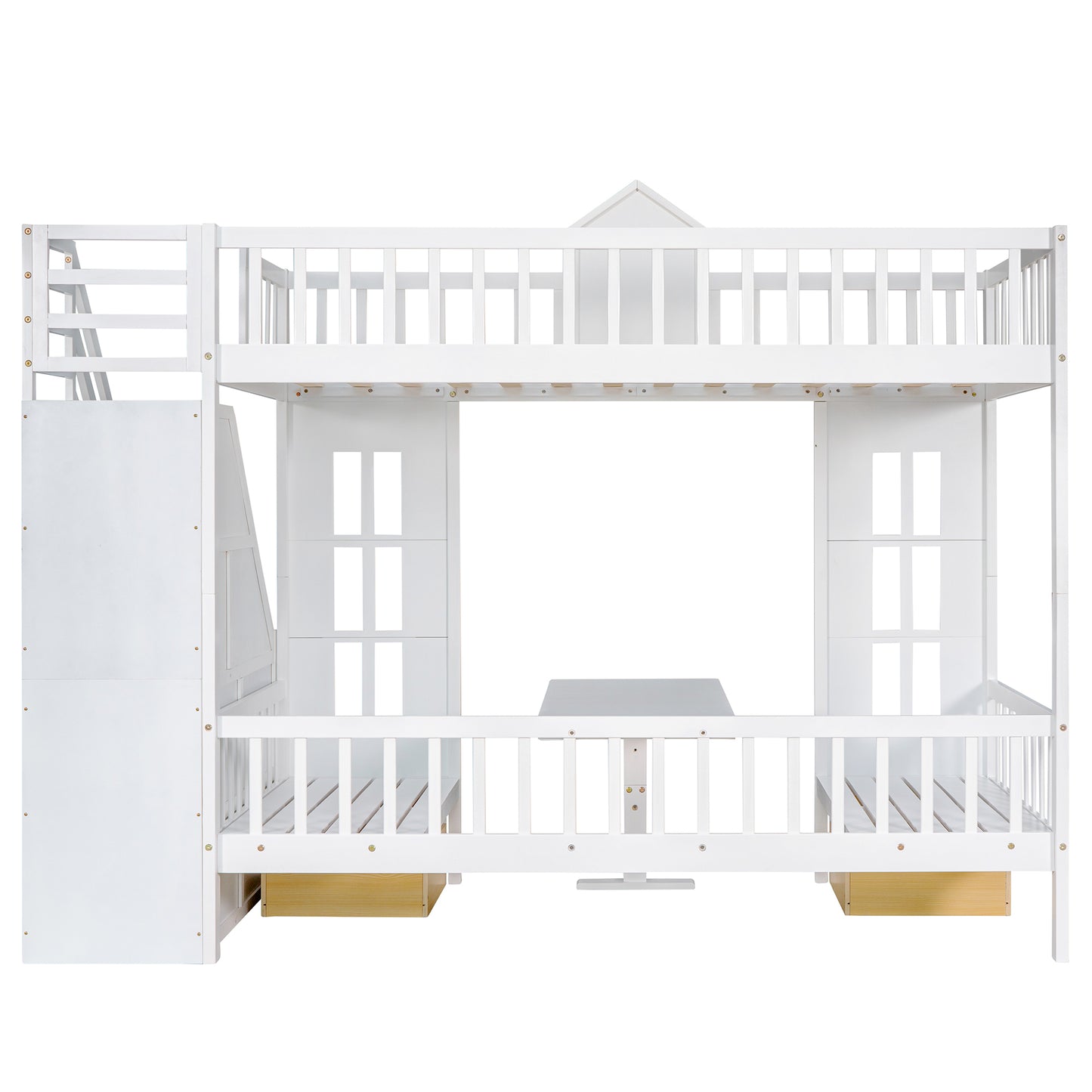 Twin-Over-Twin Bunk Bed with Convertible Picnic Style Table or Desk with 2 Drawers, White