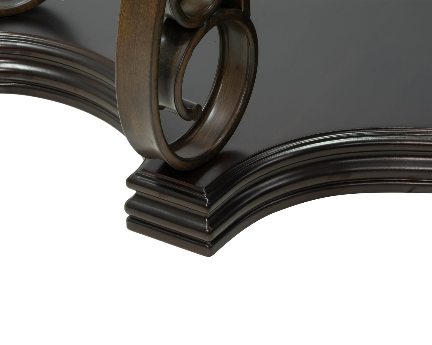 Glass Top Accent Table, Sofa Table with 3 shelves and Scroll Metal Legs.