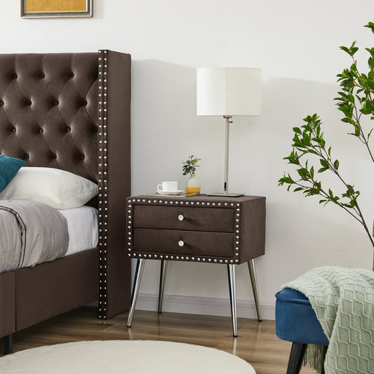 Chic Brown Velvet Upholstered Nightstand with Two Drawers, Metal Legs and Silver Rivet Accents