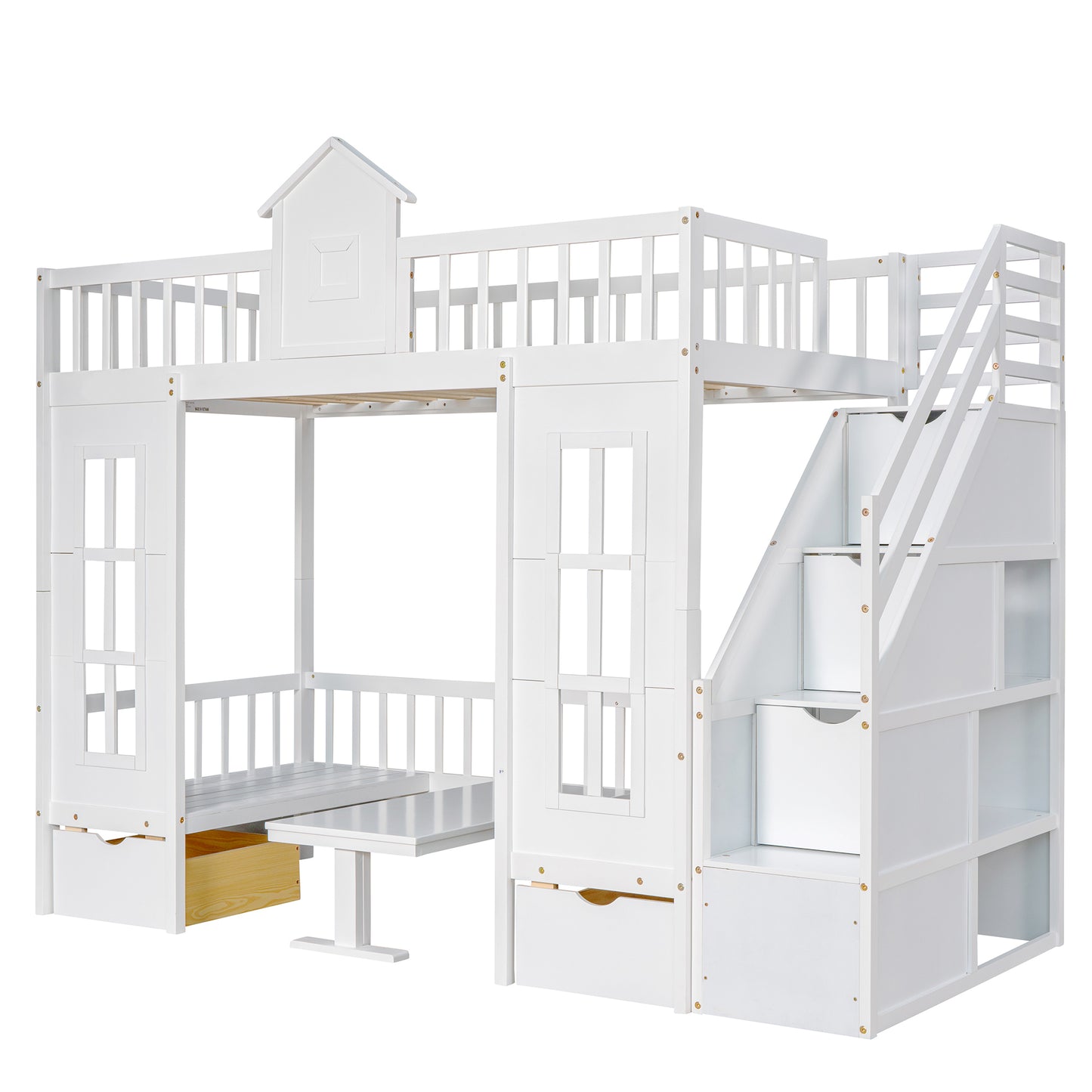 Twin-Over-Twin Bunk Bed with Convertible Picnic Style Table or Desk with 2 Drawers, White