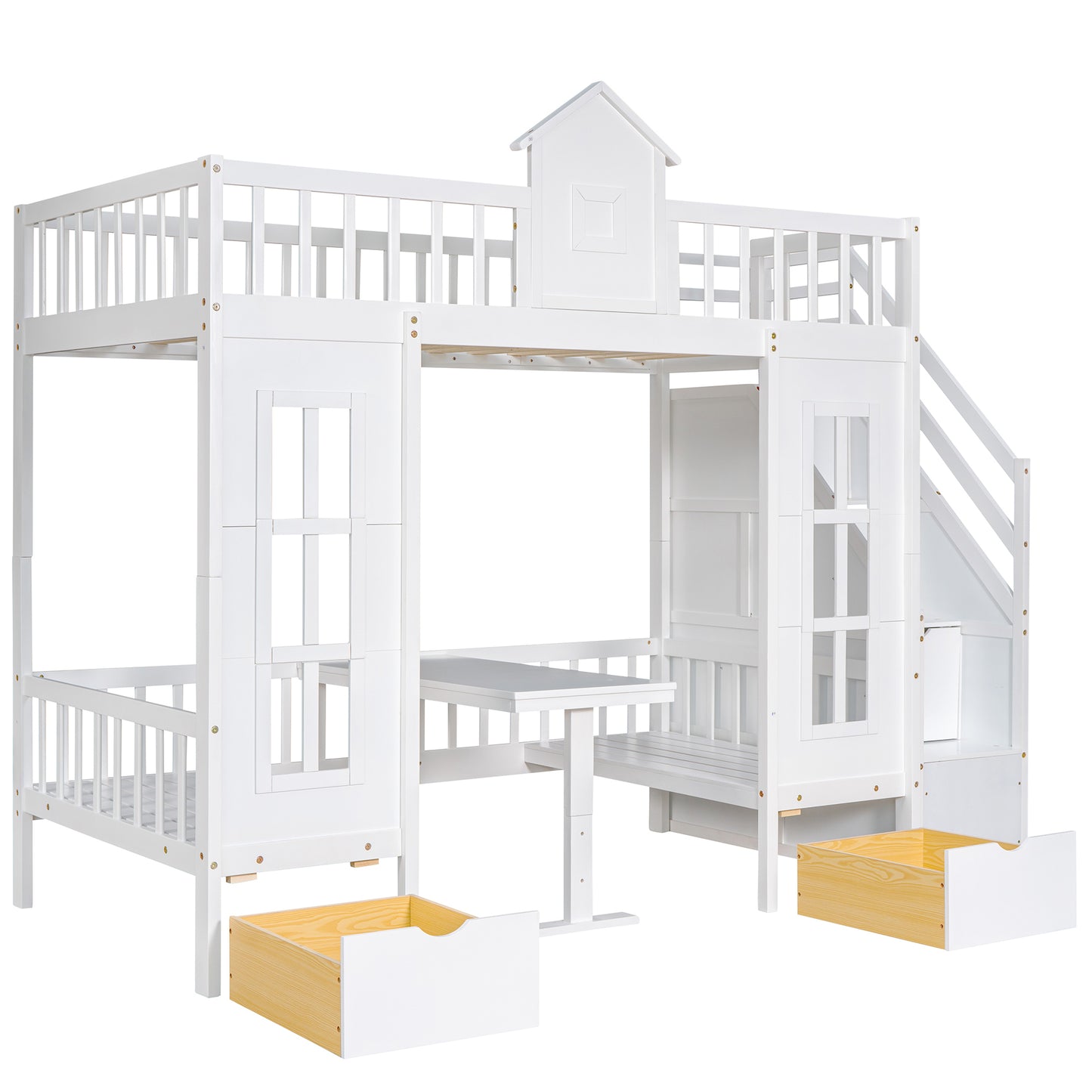 Twin-Over-Twin Bunk Bed with Convertible Picnic Style Table or Desk with 2 Drawers, White