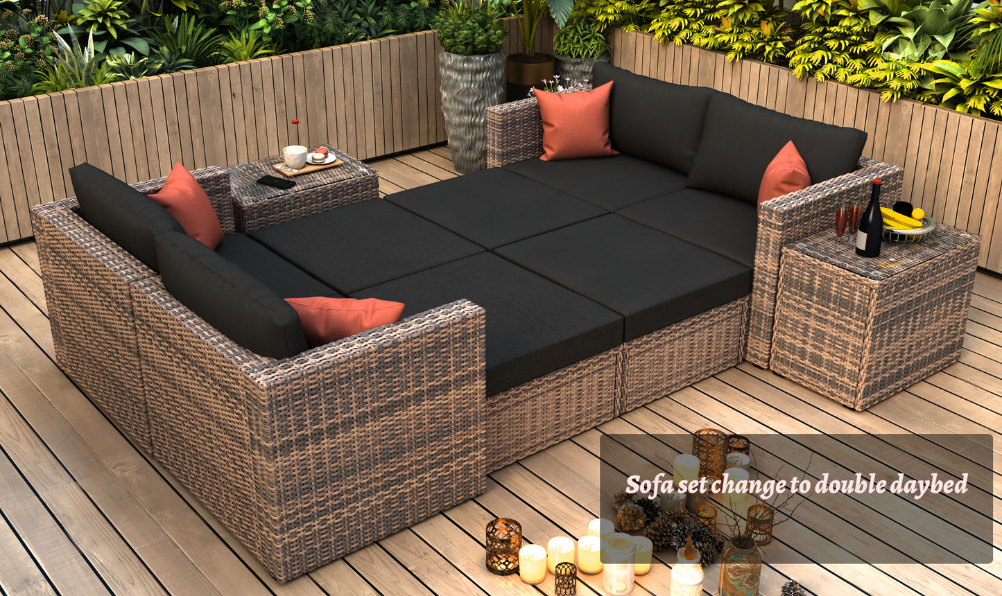 10-Piece Outdoor Patio, Convertible, Brown Sectional Set with Black Cushions and and Cover