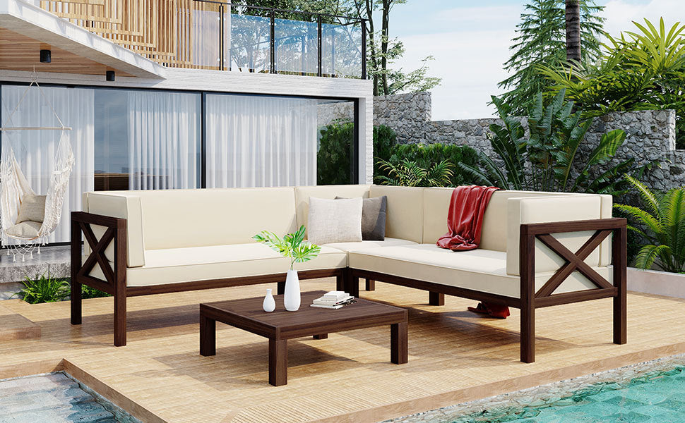 4-Piece, X-Back Sectional Patio Sofa Seating Set with Dark Brown Wood, Beige Cushions and Table