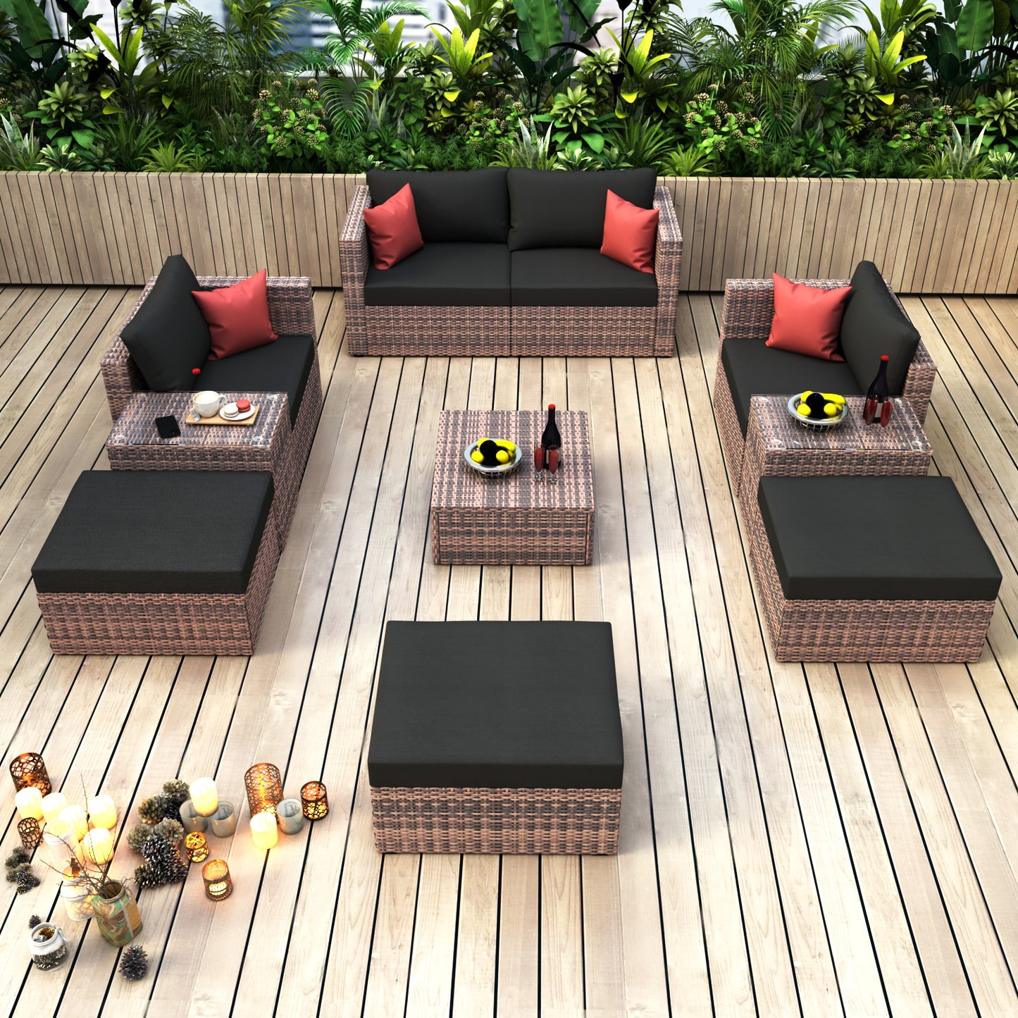 10-Piece Outdoor Patio, Convertible, Brown Sectional Set with Black Cushions and and Cover