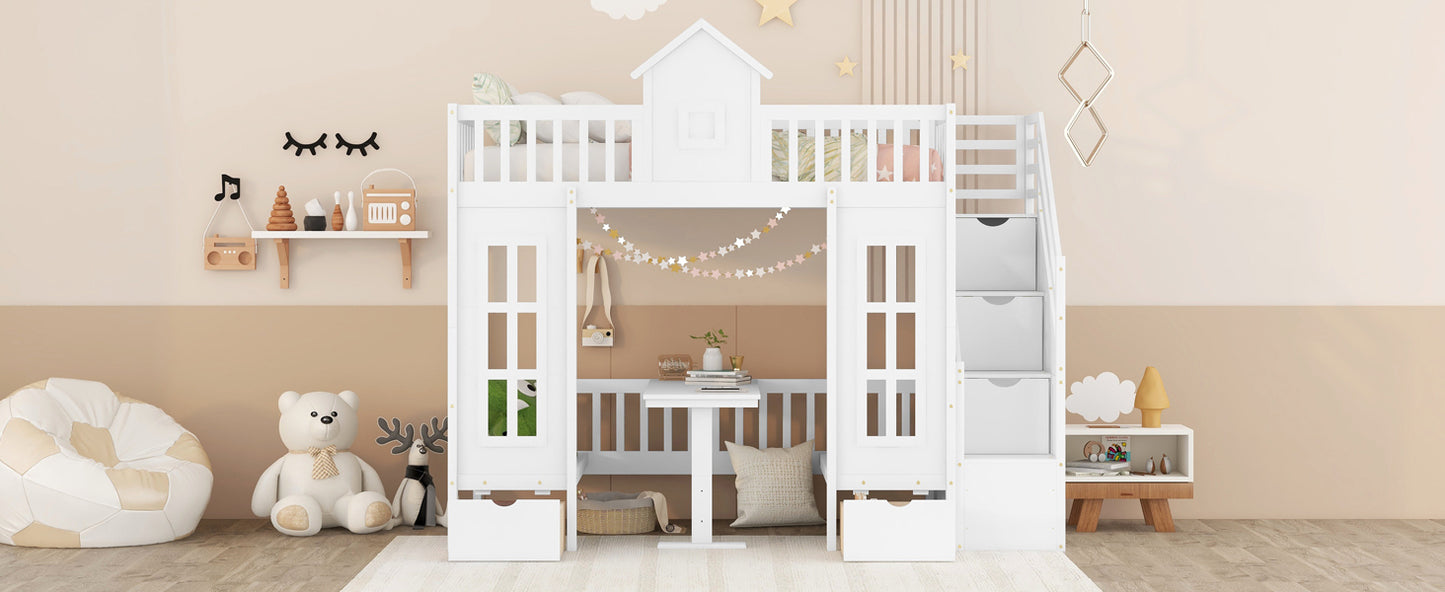 Twin-Over-Twin Bunk Bed with Convertible Picnic Style Table or Desk with 2 Drawers, White