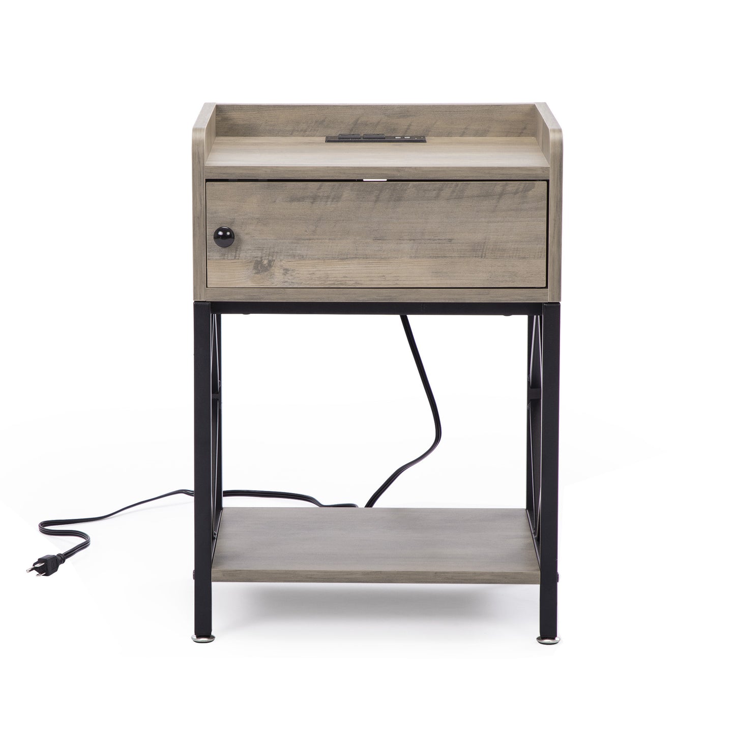 Set of 2 Farmhouse Style Wood End Table Nightstands with Charging Stations and USB Ports, Gray