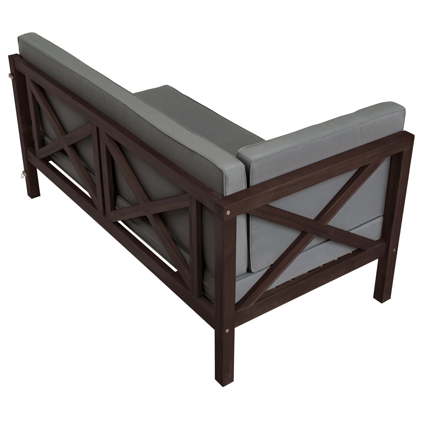 4-Piece, X-Back Dark Brown Wood Patio Sectional Sofa Set with Gray Cushions and Table