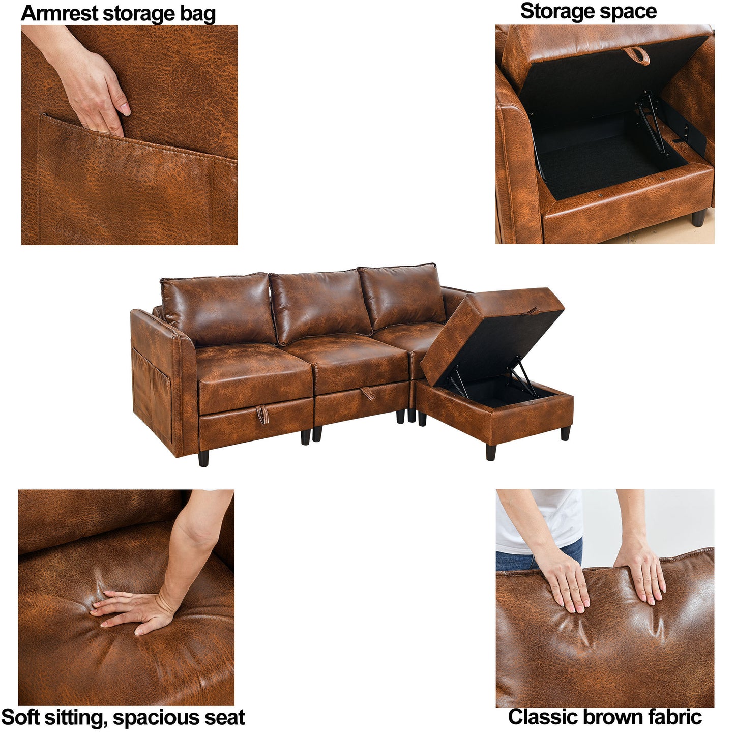 3-Piece Combination Convertible Brown Sleeper Sofa Set with Storage